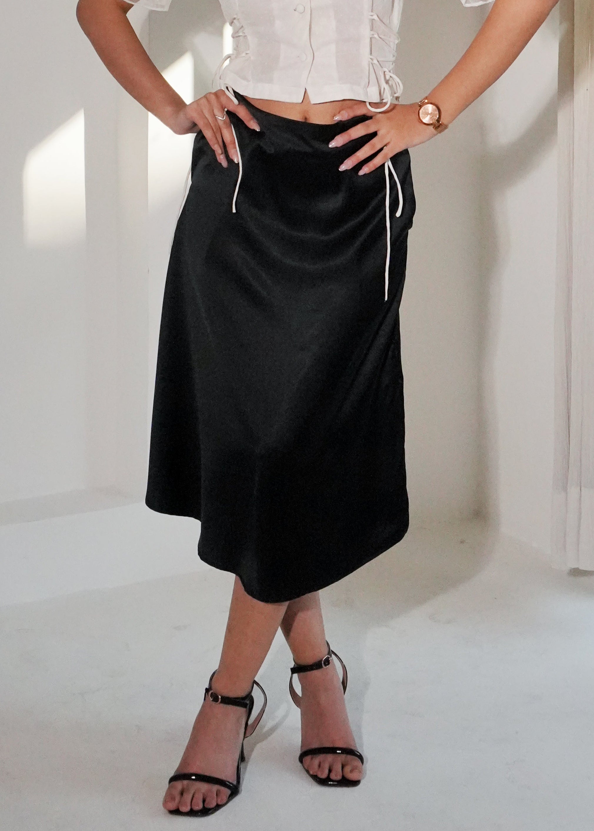 Lexie Black Satin Midi Skirt