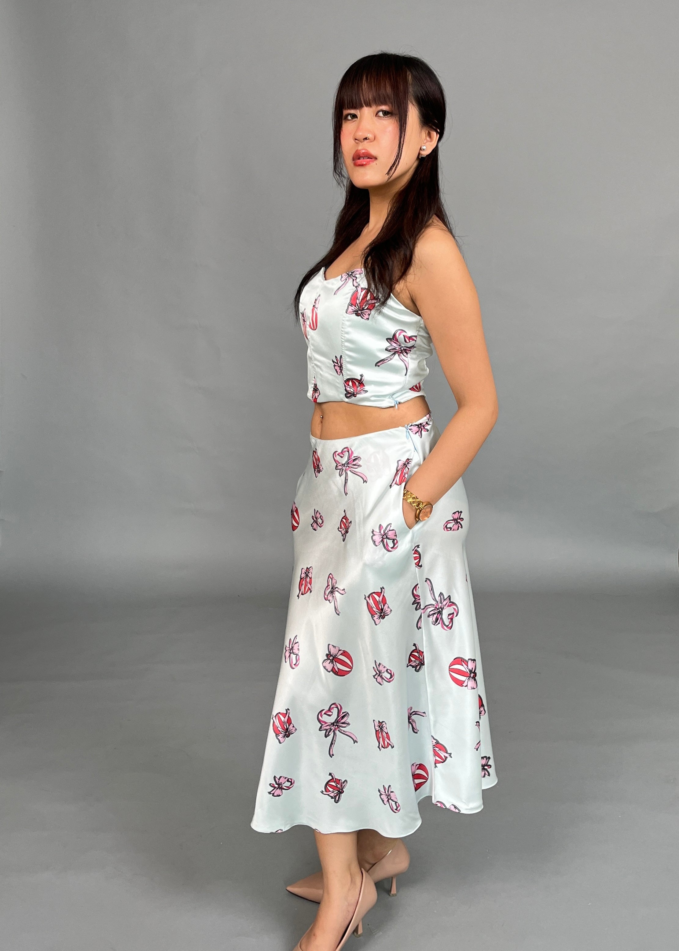 Amara Baby Blue Midi Satin Skirt